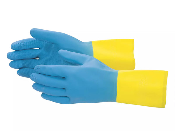 GUANTES NEOPRENO USO INSTITUCIONAL FORRADO EN LÁTEX/AMARILLO/AZUL. SMALL, MEDIUM, LARGE Y X-LARGE.