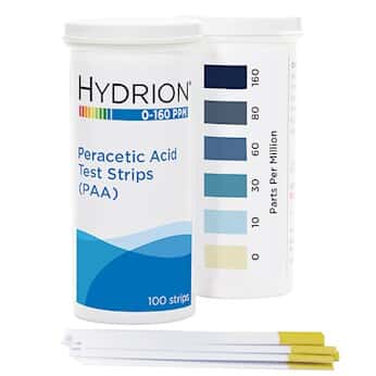 TIRAS PARA MEDIR ACIDO PERACETICO (PAA), 0-10-30-60-80-160 PPM, PAQUETE DE 50 TIRAS. MARCA HYDRION