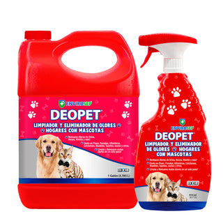 DEOPET - Limpiador y Eliminador de Olores • Hogares con Mascotas - PACK Galon (3.785 Litros). + Botella de 30.7 OZ (0.910 Litro) con Rociador.