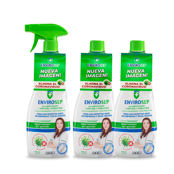 EnviroSep - Desinfectante + Virucida - Listo para Usar. - 3-Pack Botella de 22 oz (650 ml) 1 Rociador + 2 Repuestos.