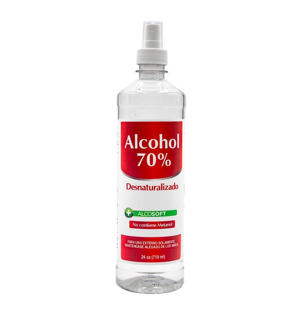 Alcohol Desnaturalizado AlcoSoft 70% - 24 Onzas (710 ml) con Atomizador.