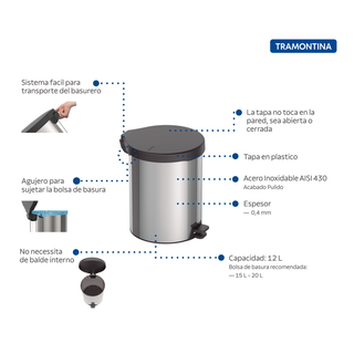 Basurero de Acero Inoxidable 12 Litros (3.2 Galones) Modelo Brasil, Tramontina con tapa metal accionada por el pie.