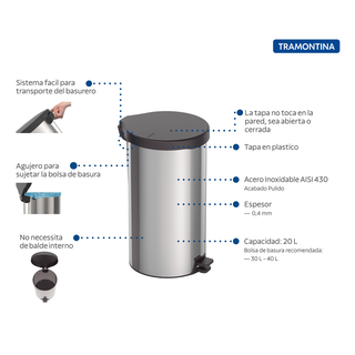 Basurero de Acero Inoxidable 20 Litros (5.3 Galones) Modelo Brasil, Tramontina con tapa metal accionada por el pie.