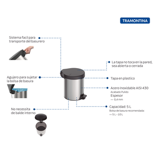 Basurero de Acero Inoxidable 5 Litros (1.3 Galones) Modelo Brasil, Tramontina con tapa metal accionada por el pie.